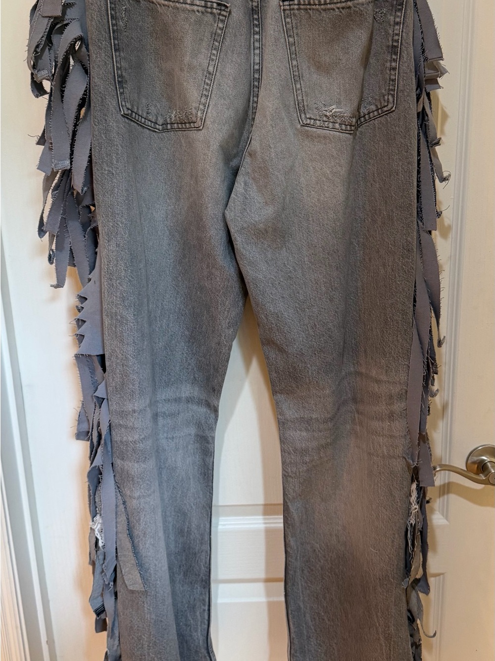 Upcycled Fringe-Trim Gray Distressed Women's Jeans size 10 - Picture 5 of 5